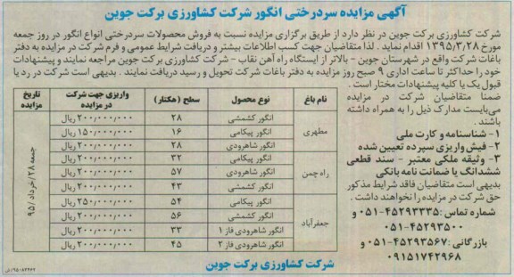 مزایده , مزایده فروش محصولات سردرختی انواع انگور