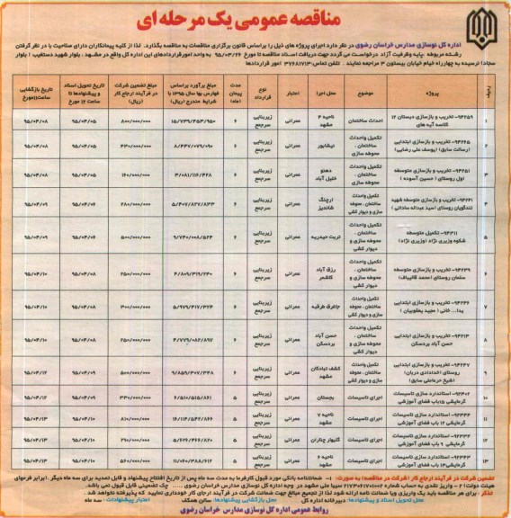 مناقصه , مناقصه تخریب و بازسازی دبستان 12 کلاسه آیه های