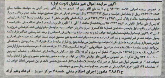 مزایده,مزایده ملک با اعیان 126.75متر مربع کلاسه 940360 نوبت اول
