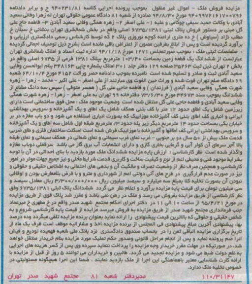 مزایده,مزایده ششدانگ زمین بخش دو تهران کلاسه 940231.81
