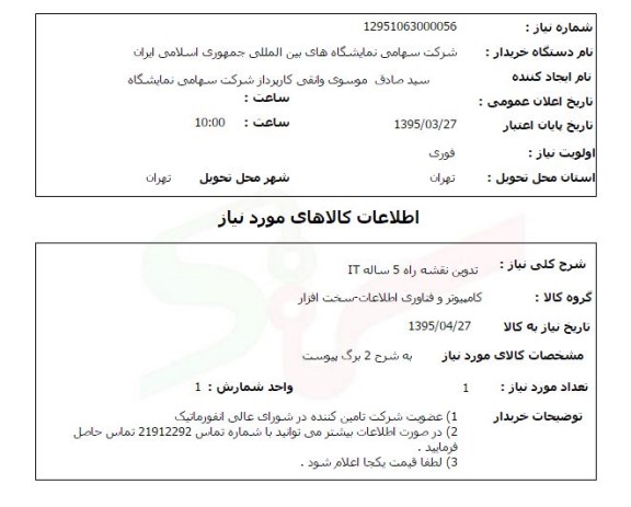 استعلام , استعلام تدوین نقشه راه 5 ساله IT