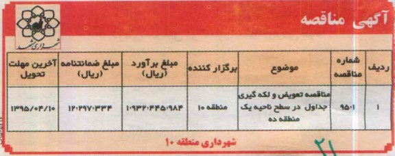 مناقصه, مناقصه تعویض و لکه گیری جداول