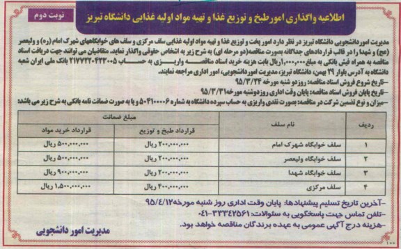 مناقصه امور پخت و توزیع  غذا و تهیه مواد اولیه غذایی سلف مرکزی  ... نوبت دوم 