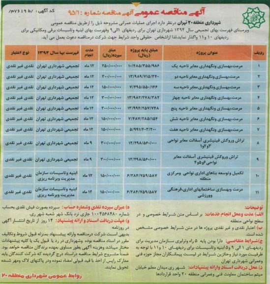 آگهی مناقصه عمومی , مناقصه مرمت ، بهسازی و نگهداری معابر ناحیه یک و ...