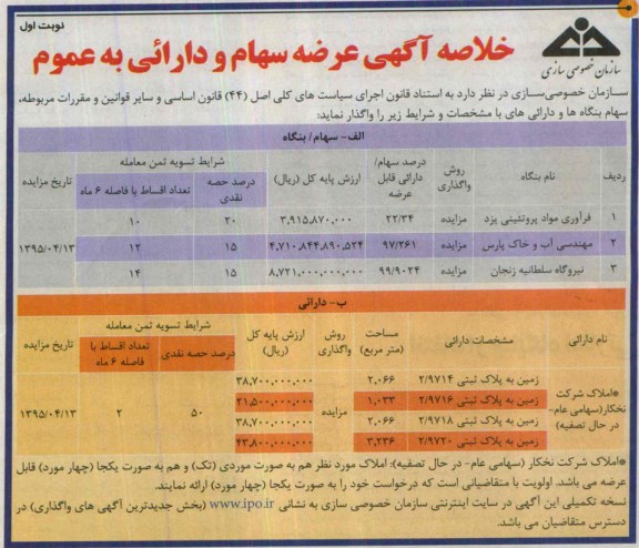 مزایده , مزایده خلاصه عرضه سهام و دارائی به عمومی نوبت اول