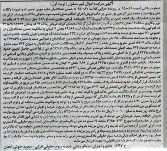 مزایده,مزایده ششدانگ زمین بخش هفت گیلان کلاسه 950087 نوبت اول