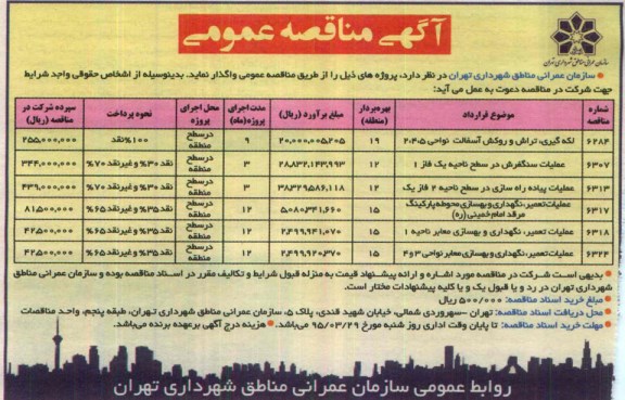 آگهی مناقصه عمومی , مناقصه لکه گیری ، تراش و روکش اسفالت نواحی 5 ، 4 ، 2...