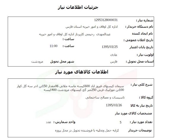 استعلام , استعلام سیمان کیسهای فیروز آباد