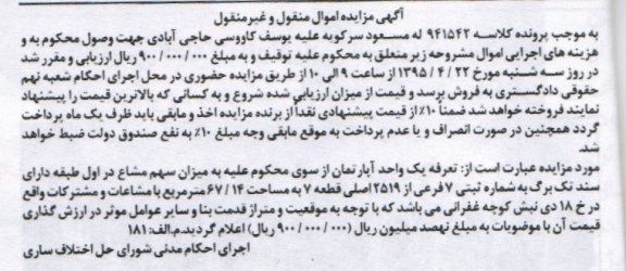 مزایده,مزایده تعرفه یک واحد اپارتمان به کلاسه 941542