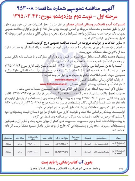 آگهی مناقصه عمومی, اجرای شبکه توزیع آب, نوبت دوم 