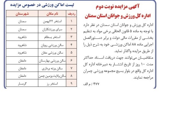 آگهی مزایده,مزایده واگذاری اماکن ورزشی- نوبت دوم