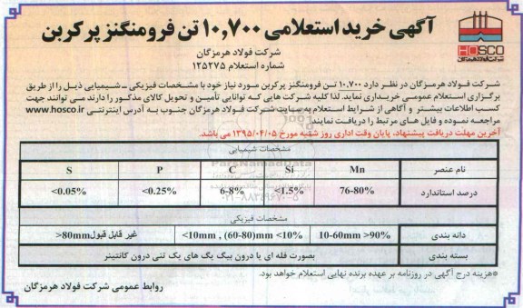 خرید استعلامی 10.700 تن فرومنگنز پر کربن