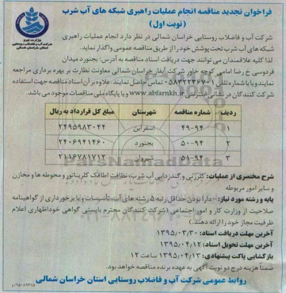 تجدید فراخوان مناقصه, مناقصه انجام عملیات راهبری شبکه های آب شرب 