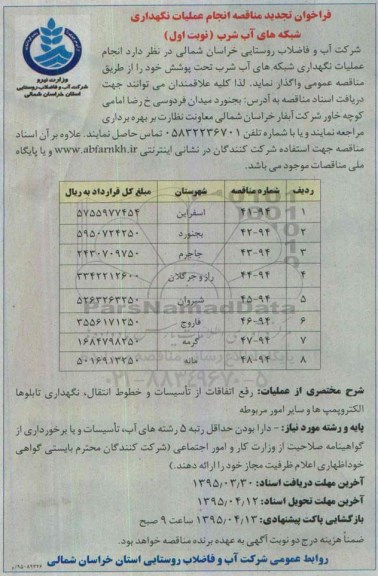 تجدید فراخوان مناقصه,تجدید مناقصه انجام عملیات نگهداری شبکه های آب شرب - نوبت اول