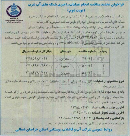 تجدید فراخوان مناقصه , فراخوان مناقصه انجام عملیات نگهداری شبکه های آب شرب تجدید نوبت دوم