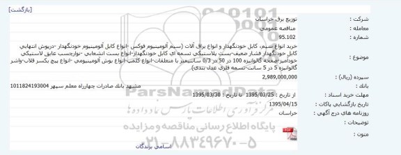 مناقصه عمومی , مناقصه خرید انواع سیم ، کابل خودنگهدار و انواع یراق آلات...