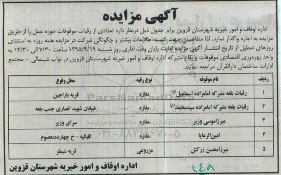 آگهی مزایده  , مزایده اجاره تعدادی از رقبات موقوفات حوزه عمل 