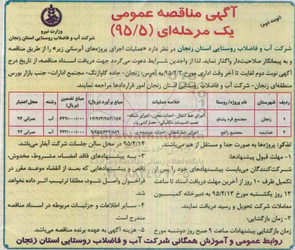 آگهی مناقصه عمومی یک مرحله ای,مناقصه اجرای خط انتقال -نوبت دوم 