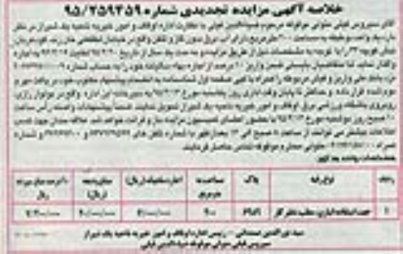 خلاصه آگهی مزایده تجدیدی, مزایده واگذاری به اجاره یک واحد دو طبقه جهت استفاده انباری، مطب، دفتر کار