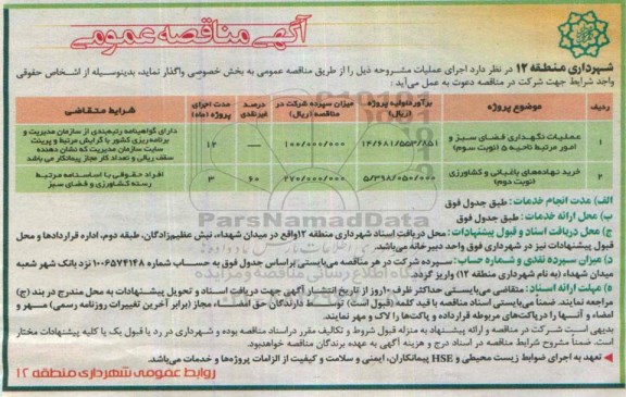 آگهی مناقصه عمومی, مناقصه عملیات نگهداری فضای سبز و امور مرتبط ناحیه 5 - نوبت سوم