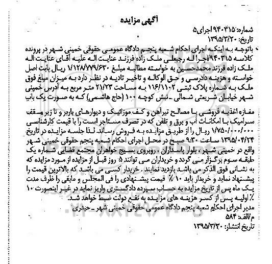 مزایده,مزایده ملک مساحت 21.23متر به صورت مغازه اغذیه فروشی