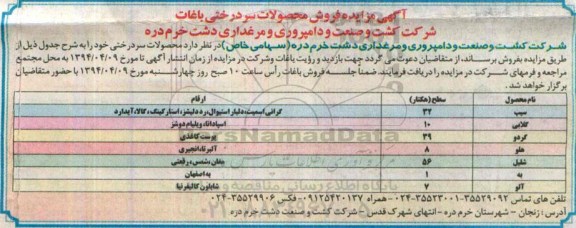 آگهی مزایده , مزایده فروش محصولات سردرختی باغات