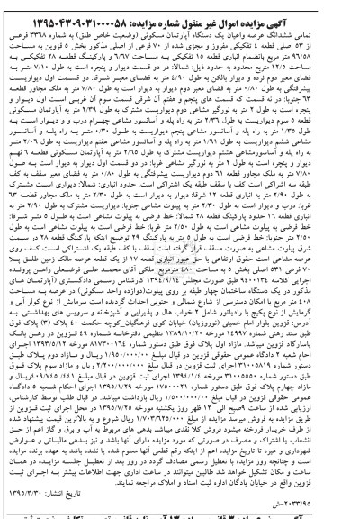 مزایده,مزایده تمامی ششدانگ عرصه و اعیان اپارتمان وضعیت خاص مطلق