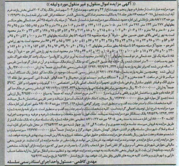 مزایده,مزایده مقدار 8 و چهار پنجم سهم مشاع از 44 و دو دهم سهم مشاع با اموال