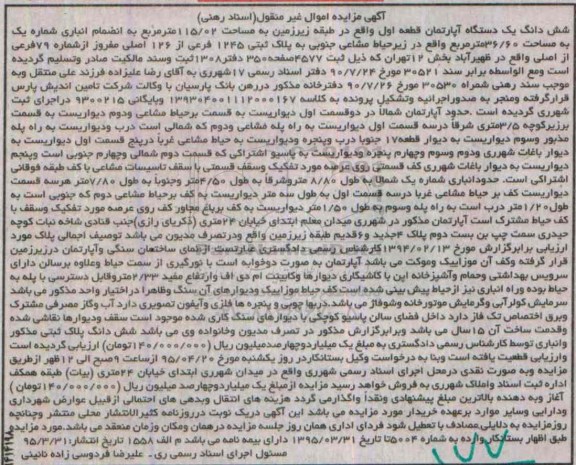 مزایده,مزایده ششدانگ اپارتمان قطعه اول در طبقه زیرزمین 