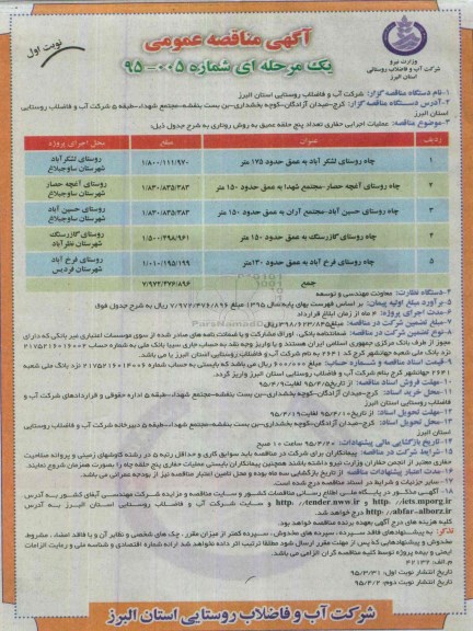 آگهی مناقصه عمومی, مناقصه عملیات اجرایی حفاری تعداد پنج حلقه عمیق