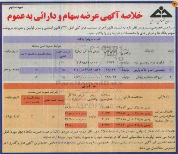 مزایده , مزایده خلاصه عرضه سهام و دارائی به عمومی - نوبت دوم
