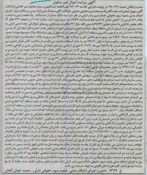 مزایده,مزایده سه دانگ مشاع از ششدانگ زمین کلاسه 940032 اموال غیرمنقول
