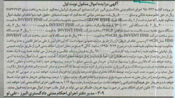 آگهی مزایده, مزایده فروش دستگاه تست GLOW WIRE (تست سیم ملتهب) و ... 