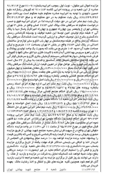 مزایده,مزایده سرقفلی ملک به پلاک ثبتی 2873 اصلی بخش سه تهران نوبت اول