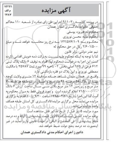 مزایده,مزایده ششدانگ پلاک ثبتی با عرصه نود و یک متر