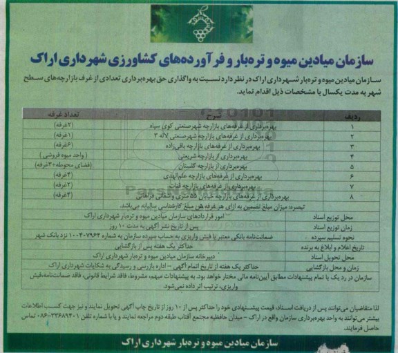 مزایده, مزایده واگذاری حق بهره برداری تعدادی از غرف بازارچه های سطح شهر