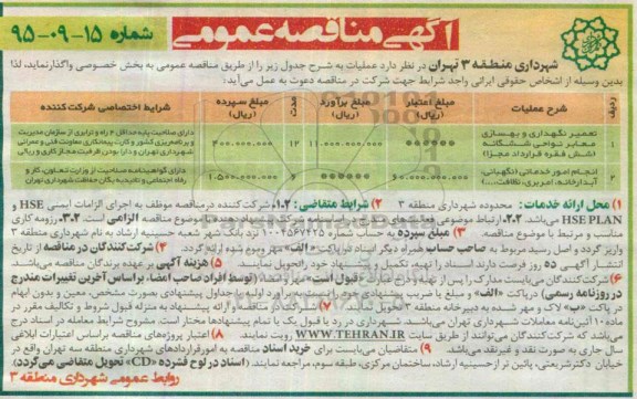 آگهی مناقصه عمومی , مناقصه تعمیر نگهداری و بهسازی معابر نواحی ششگانه (شش فقره قرارداد مجزا...