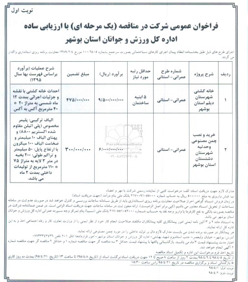 فراخوان عمومی شرکت در مناقصه, مناقصه اجرای کارهای ساختمانی پروژه خانه کشتی و....