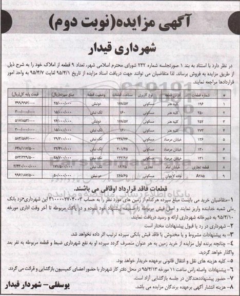مزایده,مزایده فروش تعداد نه قطعه از املاک کاربری تجاری مسکونی نوبت دوم 