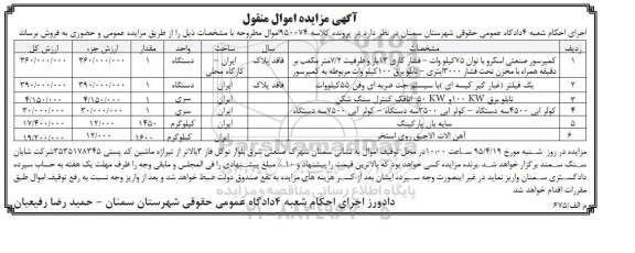 مزایده, مزایده کمپرسور صنعتی اسکرو با توان 75 کیلووات ....