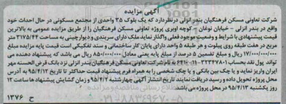 مزایده,مزایده واگذاری یک بلوک 35 واحدی از مجتمع مسکونی در حال احداث