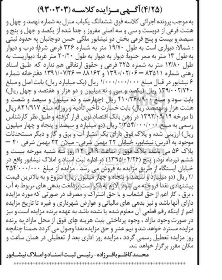 مزایده,مزایده ششدانگ یکباب منزل بخش دو نیشابور