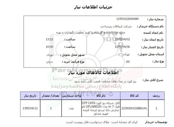 استعلام , استعلام کابل شبکه پچ کورد