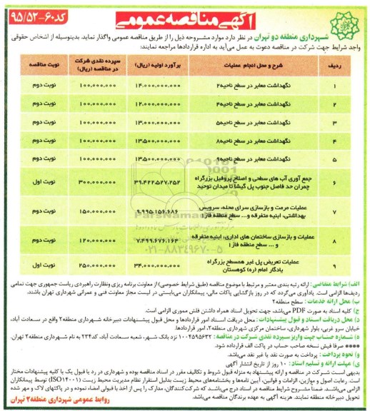 مناقصه , مناقصه نگهداشت معابر در سطح ناحیه 2 ....