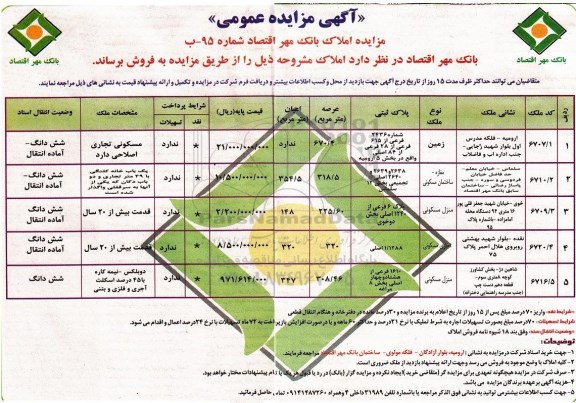 مزایده,مزایده املاک بانک مهر اقتصاد شماره 95-ب