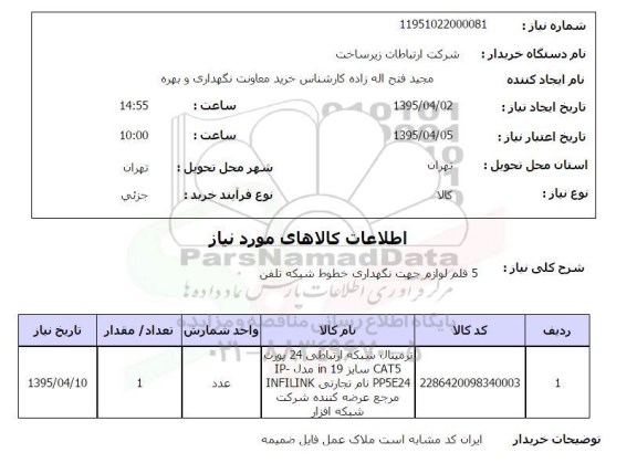 استعلام , استعلام5 قلم لوازم جهت نگهداری خطوط شبکه تلفن