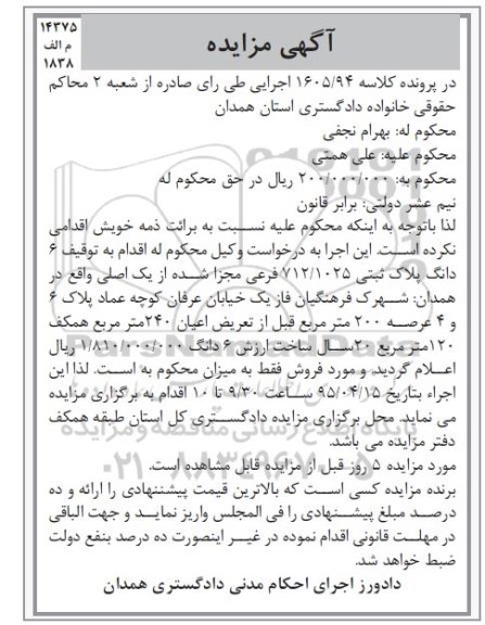 مزایده,مزایده ششدانگ پلاک ثبتی 712/1025 به کلاسه 1605/94