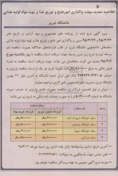 مناقصه امور پخت و توزیع  غذا و تهیه مواد اولیه غذایی سلف مرکزی  ...تمدید 