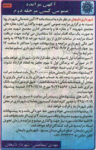 مزایده, مزایده عمومی کتبی  واگذاری اجاره مغازه های مجتمع شهروند 2 و مغازه ها و ... مرحله دوم نوبت اول 