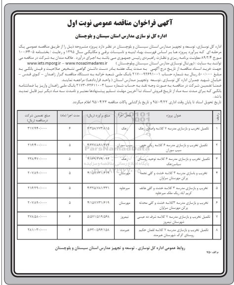 فراخوان , فراخوان تکمیل تخریب و بازسازی مدرسه 7 کلاسه واصلان زهک ....